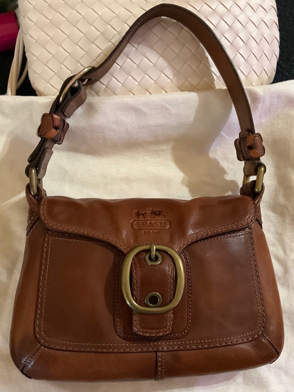 Coach Chestnut Brown Leather Shoulder Bag with Brass Buckle